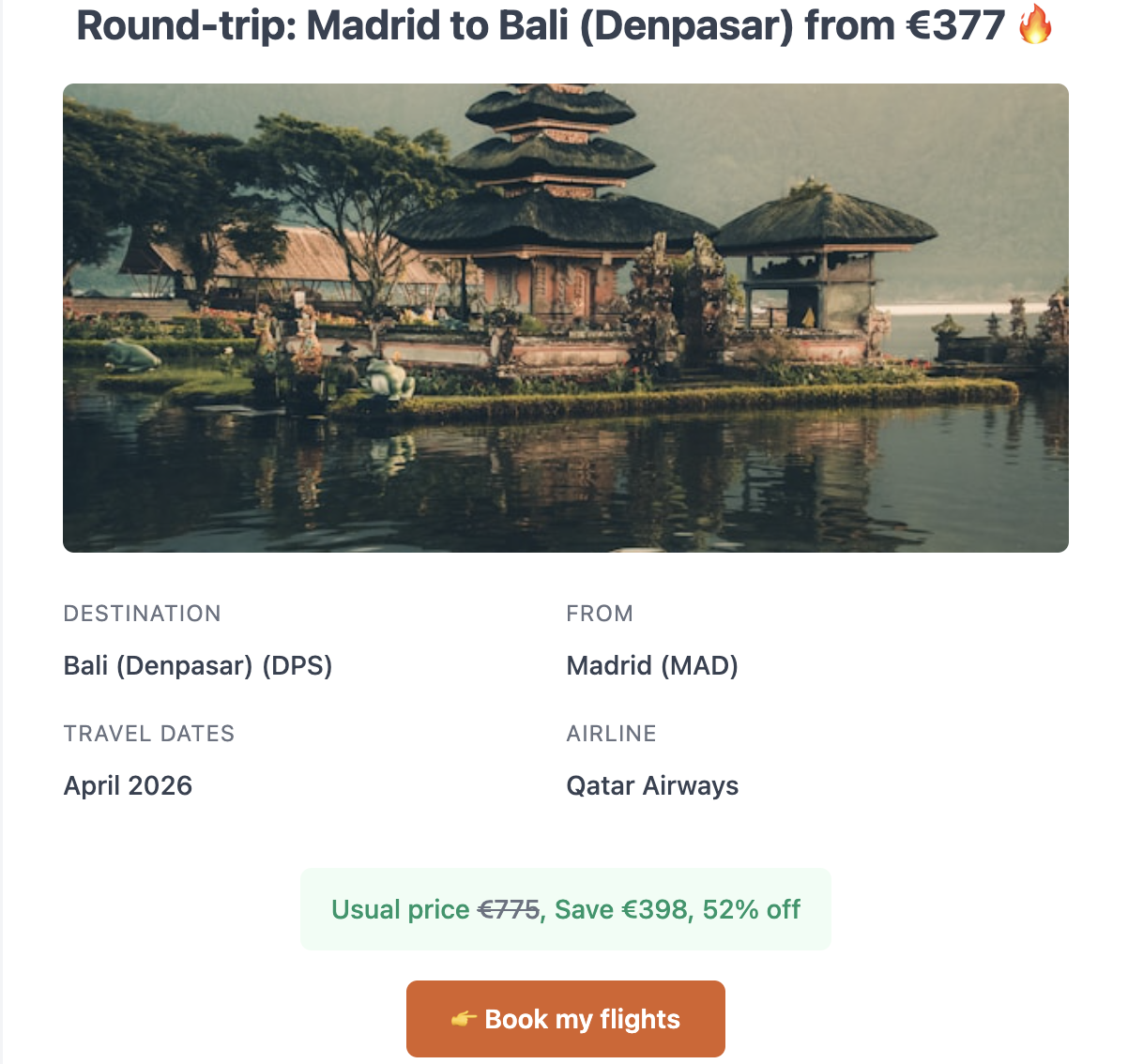 Weekly email with flight deals